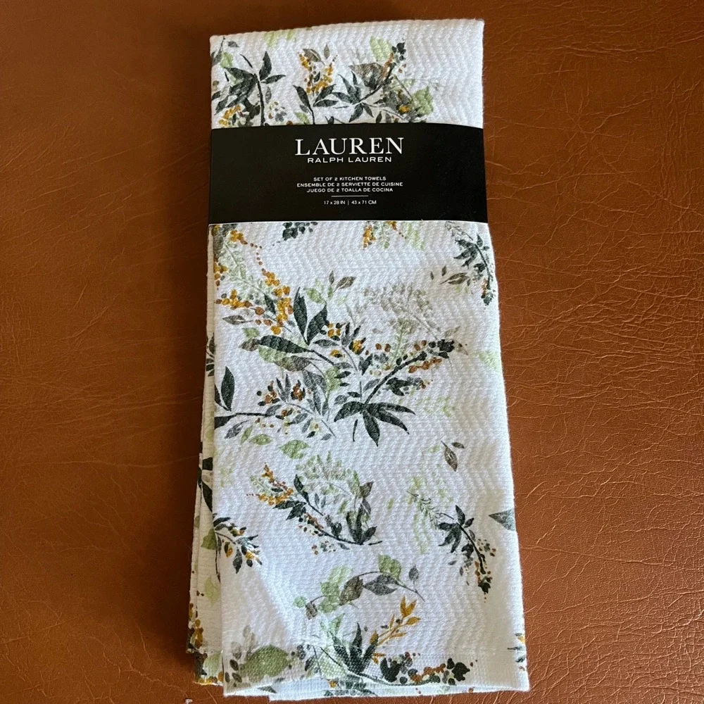 Lauren‎ Ralph Lauren Floral Kitchen Towels Set Botanical Green White 2 Pack NWT